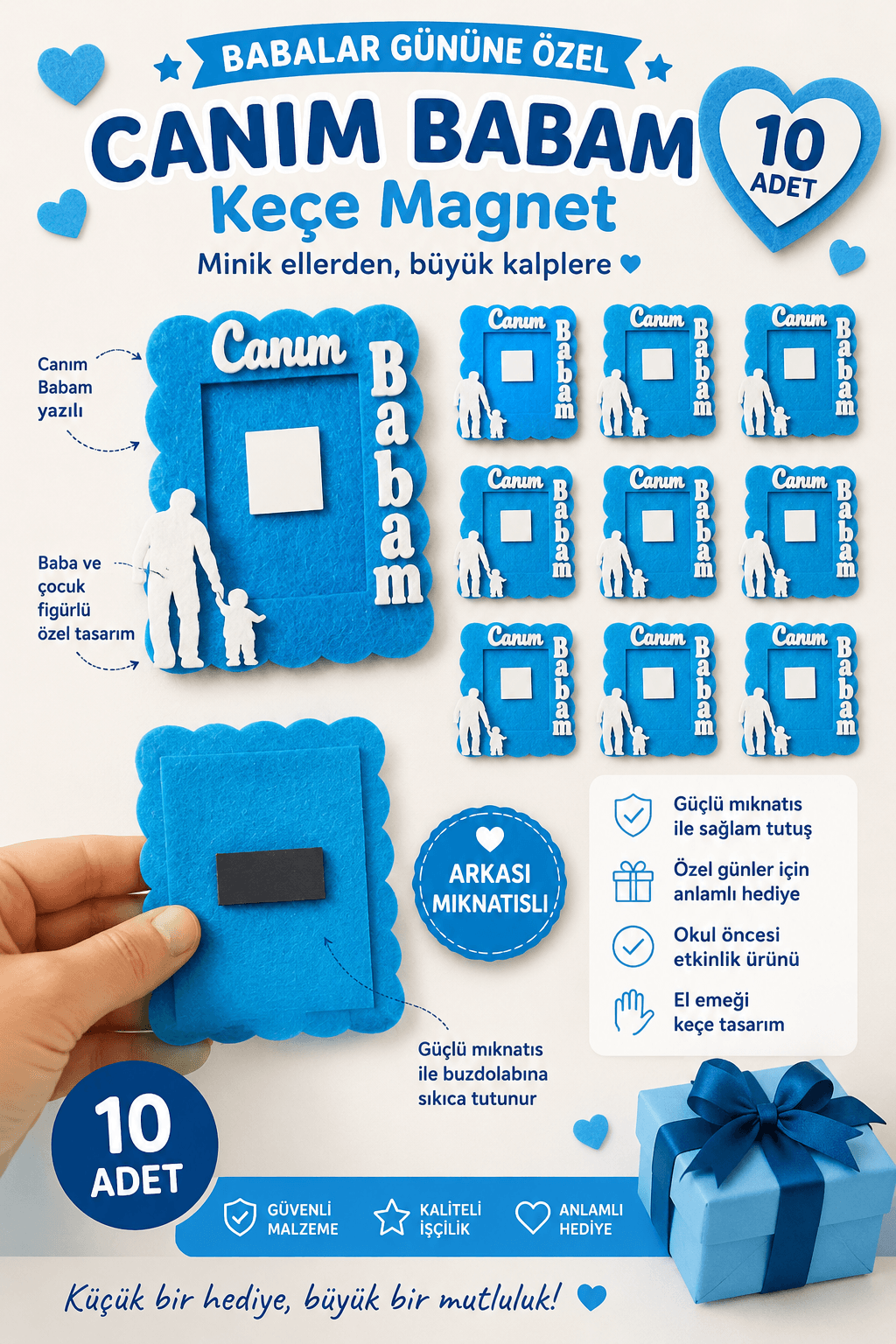 10 Adet Babalar Günü Okul Öncesi Hediye Keçe Magnet Canım Babam Mavi - babalar günü okul öncesi hediyeleri | Aydede Oyunevi