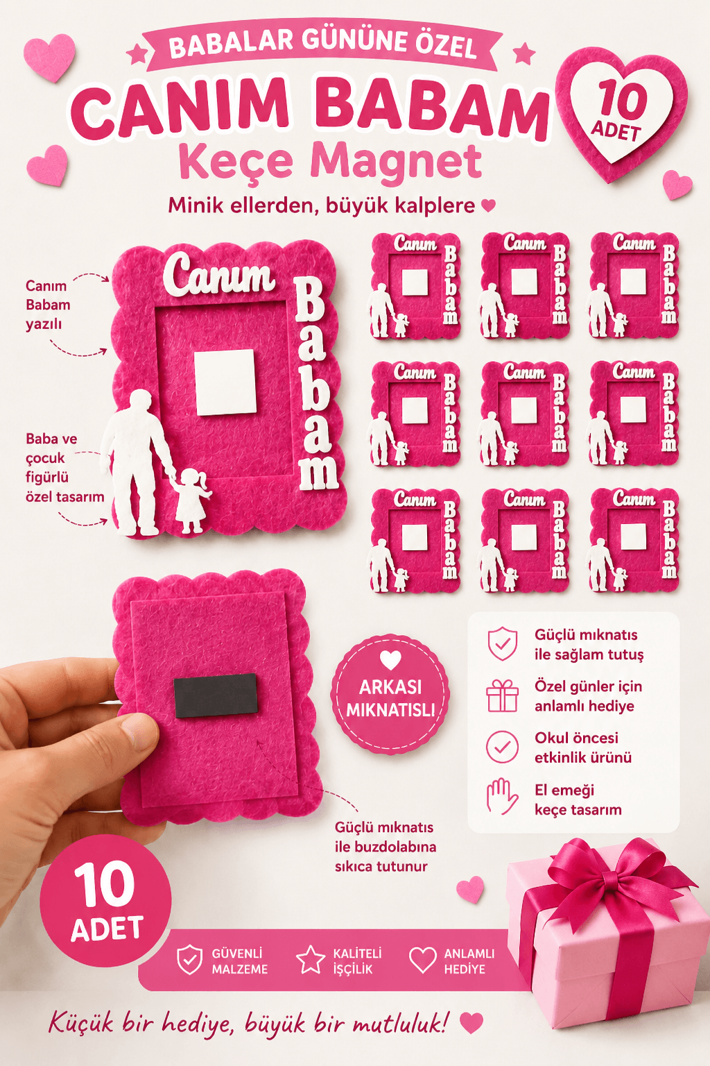10 Adet Babalar Günü Okul Öncesi Hediye Keçe Magnet Canım Babam Pembe - babalar günü okul öncesi hediyeleri | Aydede Oyunevi
