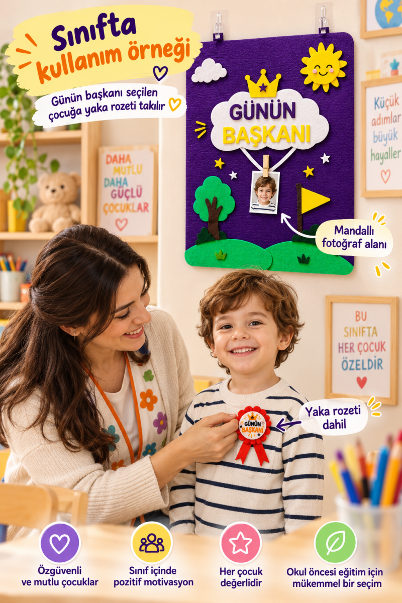 Günün Başkanı Panosu – Keçe Sınıf Başkanı Panosu |Okul Öncesi İlkokul Anaokulu - sınıf başkanı panosu | Aydede Oyunevi