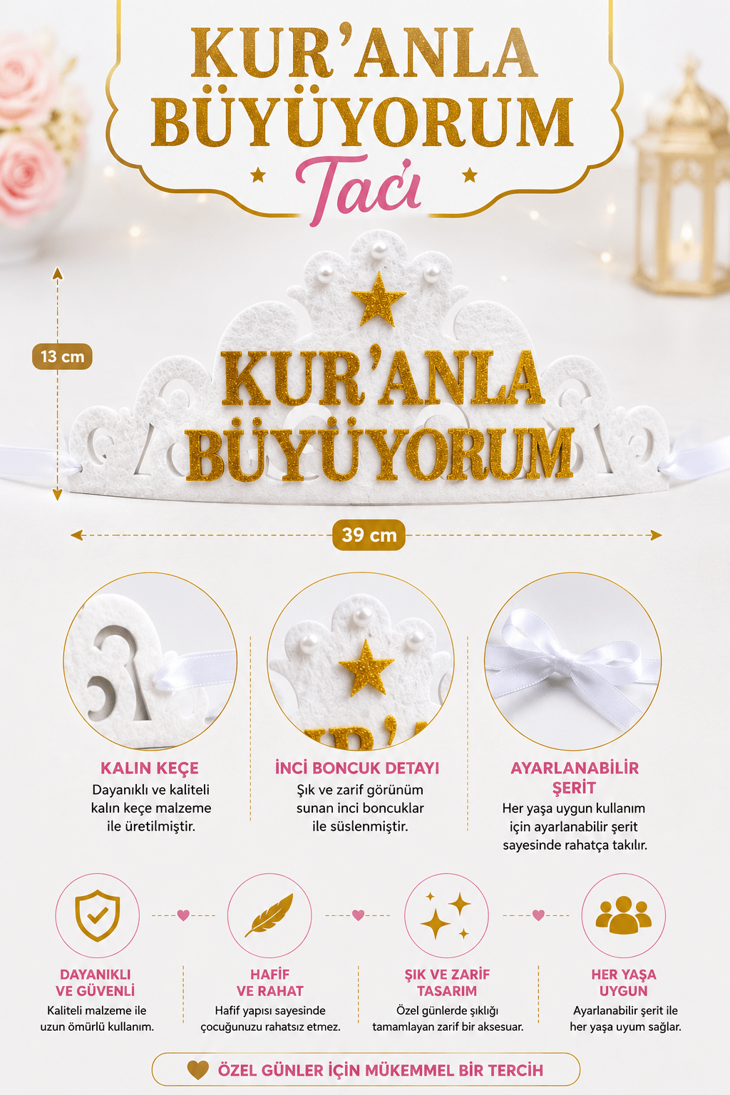 Kuran Tacı Keçe Kuranla Büyüyorum Kurana Geçme Tacı Beyaz - kuran tacı | Aydede Oyunevi