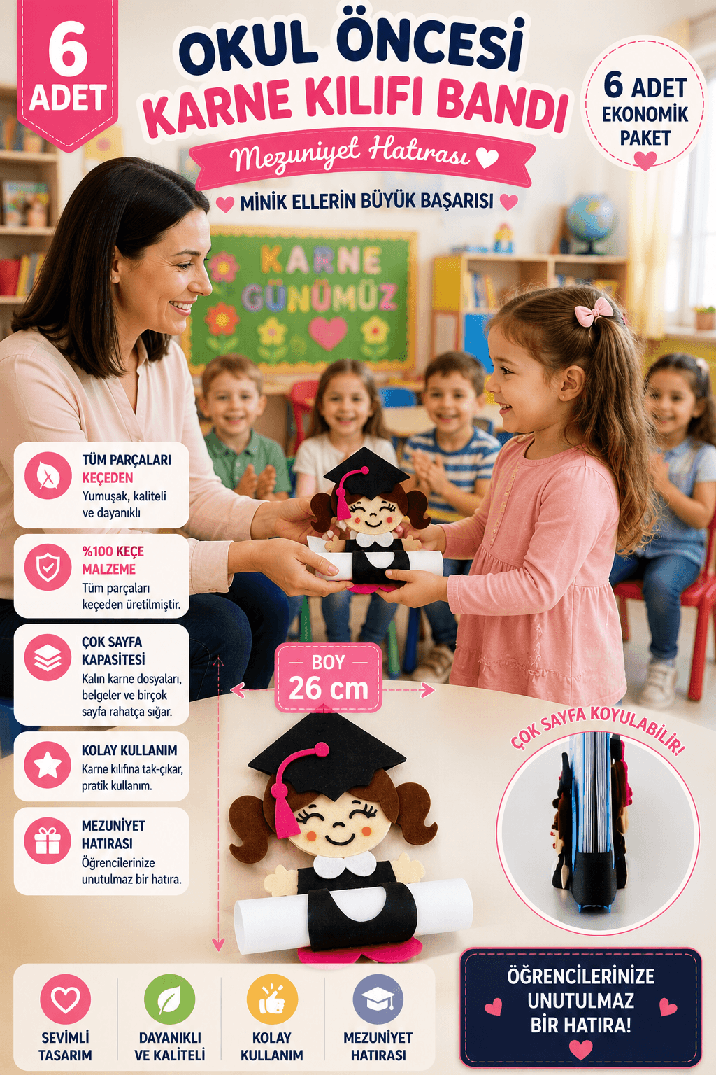 Okul Öncesi Karne Kılıfı Bandı Kız – 6 Adet Keçe Gelişim Raporu