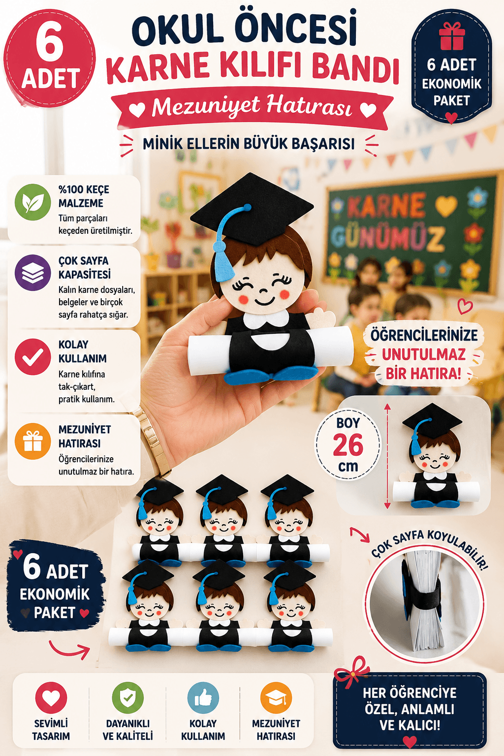 Okul Öncesi Karne Kılıfı Bandı Erkek – 6 Adet Keçe Gelişim Raporu
