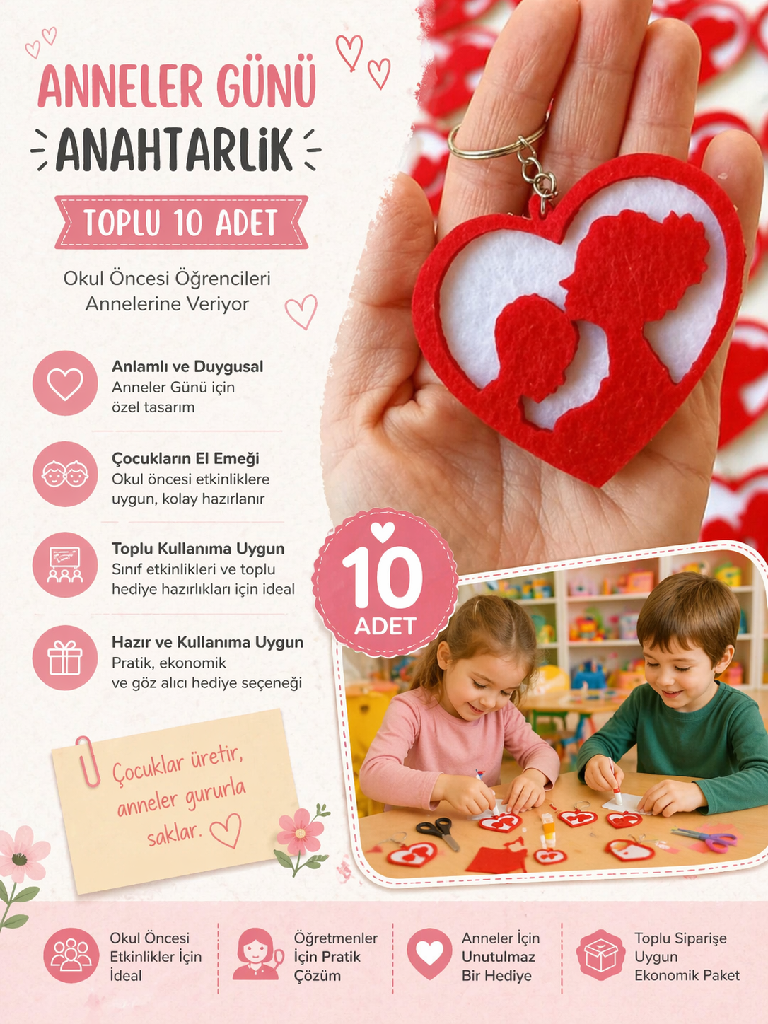 Anneler Günü Anahtarlık Toplu Okul Öncesi 10 Adet Erkek Öğenci