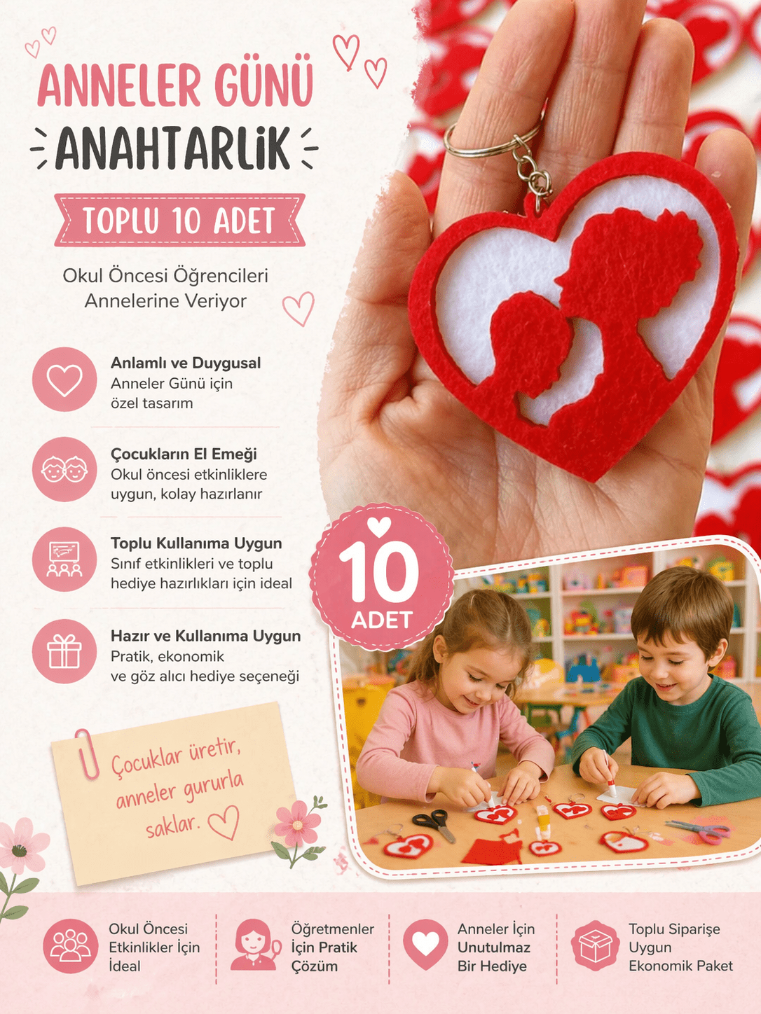 Anneler Günü Anahtarlık Toplu Okul Öncesi 10 Adet Erkek Öğenci - Anneler Günü Anahtarlık | Aydede Oyunevi