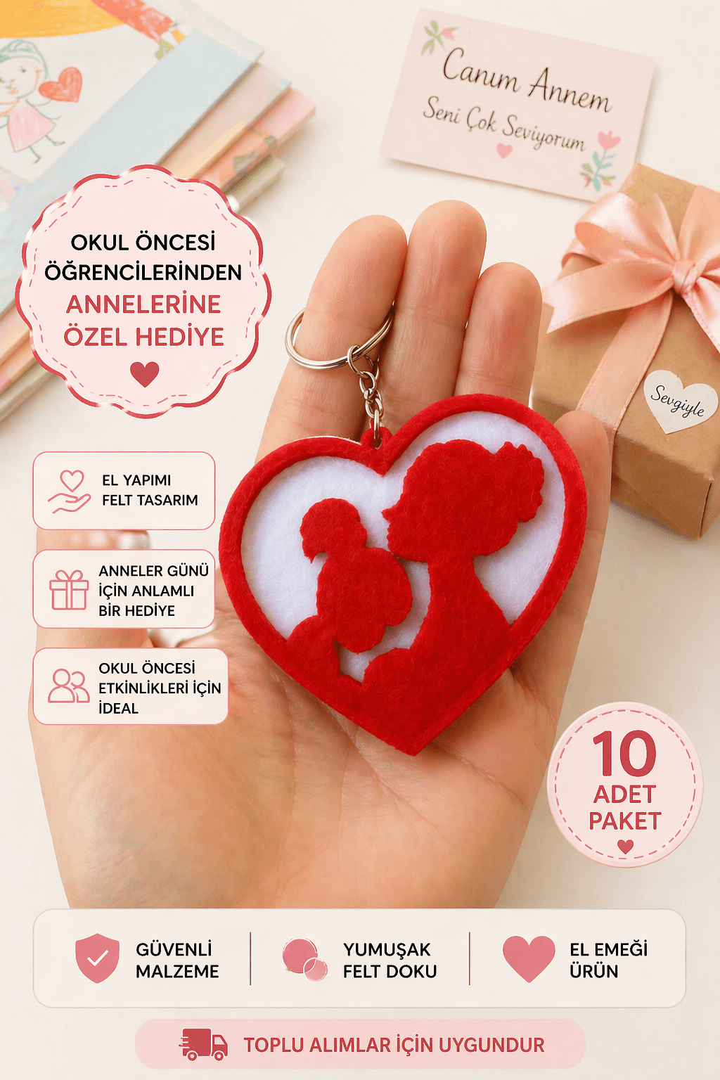 Anneler Günü Anahtarlık Toplu Okul Öncesi 10 Adet Kız Öğenci - Anneler Günü Anahtarlık | Aydede Oyunevi