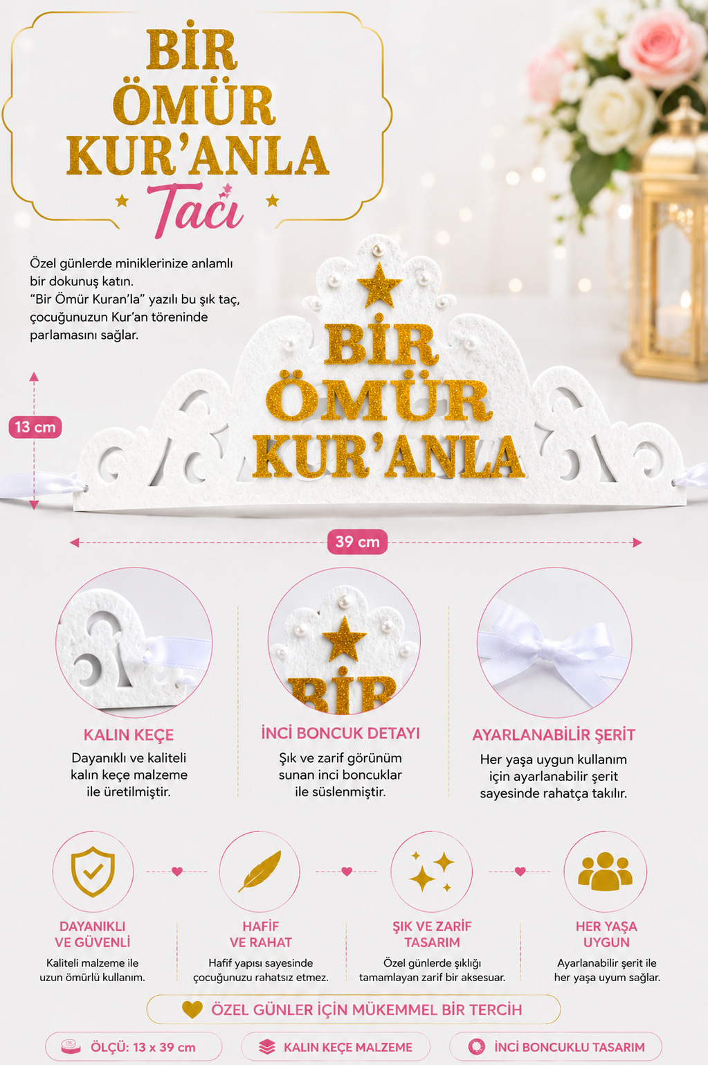 Kuran Tacı Keçe Bir Ömür Kuranla Kurana Geçme Tacı Beyaz