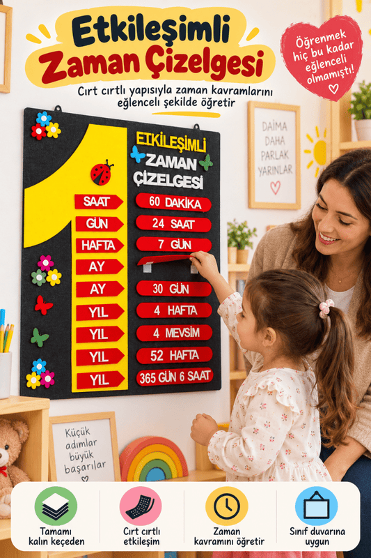 Etkileşimli Zaman Çizelgesi Keçe Eğitim Panosu – Cırt Cırtlı Zaman Kavramları 2. ve 3. Sınıf Matematik Materyali - Sınıf Ödül Panosu | Aydede Oyunevi