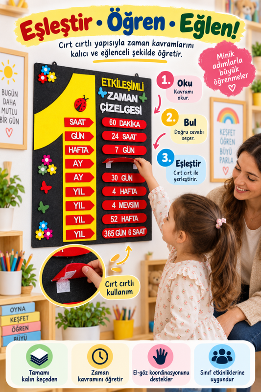 Etkileşimli Zaman Çizelgesi Keçe Eğitim Panosu – Cırt Cırtlı Zaman Kavramları 2. ve 3. Sınıf Matematik Materyali - Sınıf Ödül Panosu | Aydede Oyunevi