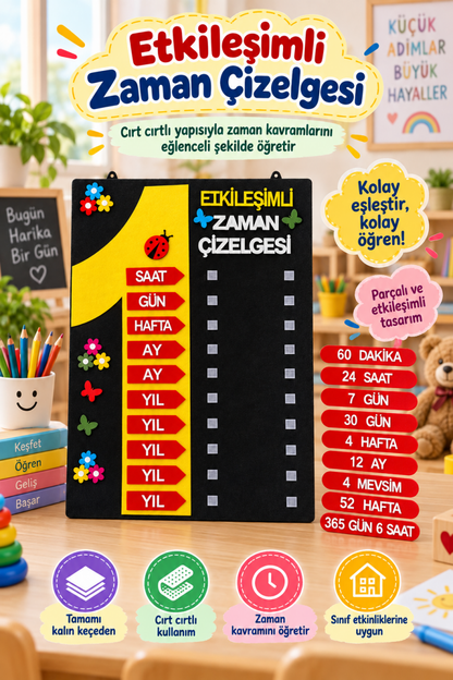 Etkileşimli Zaman Çizelgesi Keçe Eğitim Panosu – Cırt Cırtlı Zaman Kavramları 2. ve 3. Sınıf Matematik Materyali - Sınıf Ödül Panosu | Aydede Oyunevi