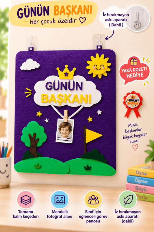 Günün Başkanı Panosu – Keçe Sınıf Başkanı Panosu |Okul Öncesi İlkokul Anaokulu - sınıf başkanı panosu | Aydede Oyunevi