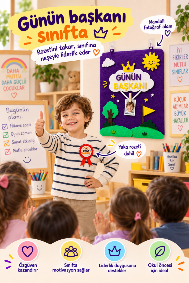 Günün Başkanı Panosu – Keçe Sınıf Başkanı Panosu |Okul Öncesi İlkokul Anaokulu - sınıf başkanı panosu | Aydede Oyunevi