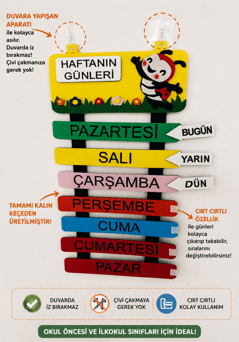 Haftanın Günleri Keçe Pano Sınıf Panosu İlkokul Okul Öncesi 1. 2. Sınıf - Sınıf Ödül Panosu | Aydede Oyunevi