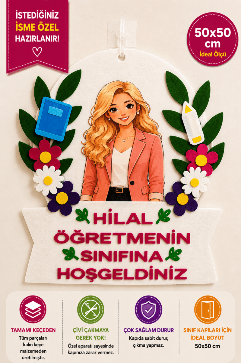 İsme Özel Keçe Sınıf Kapı Süsü – Öğretmenler İçin Okul Öncesi ve İlkokul - sınıf kapı süsü | Aydede Oyunevi