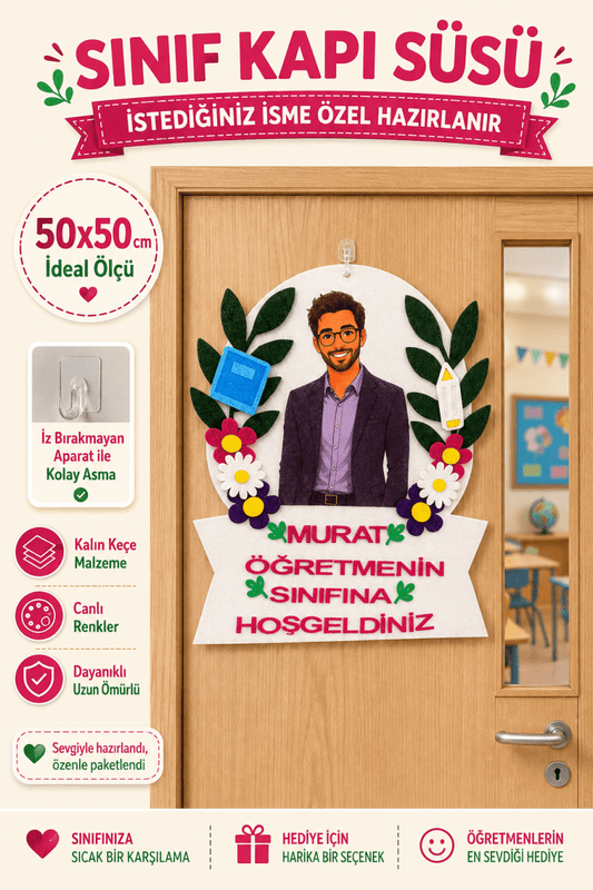 İsme Özel Sınıf Kapı Süsü Keçe Erkek Öğretmen 50x50 cm Okul Öncesi İlkokul - sınıf kapı süsü | Aydede Oyunevi