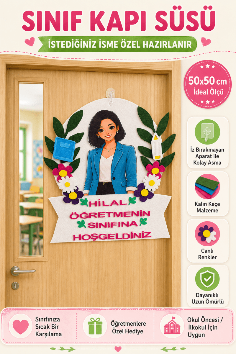İsme Özel Sınıf Kapı Süsü Keçe Kadın Öğretmen 50x50 cm Okul Öncesi İlkokul - sınıf kapı süsü | Aydede Oyunevi