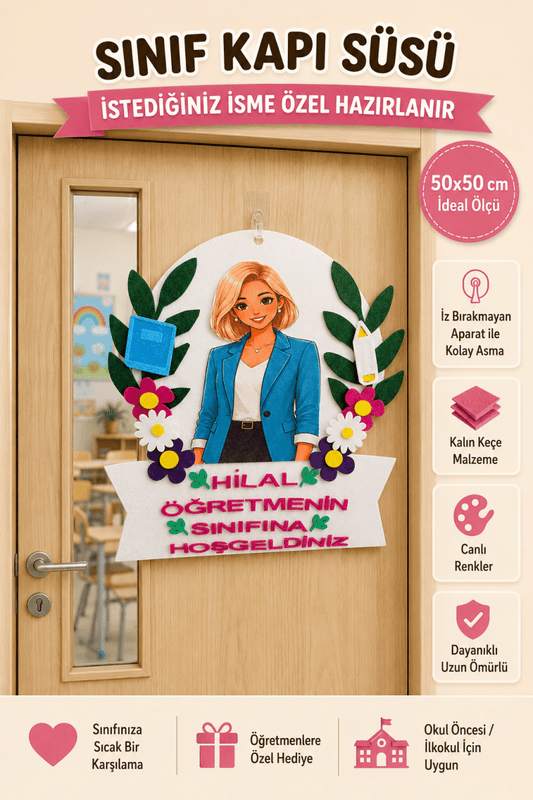 İsme Özel Sınıf Kapı Süsü Keçe Sarışın Kadın Öğretmen 50x50 cm Okul Öncesi İlkokul - sınıf kapı süsü | Aydede Oyunevi