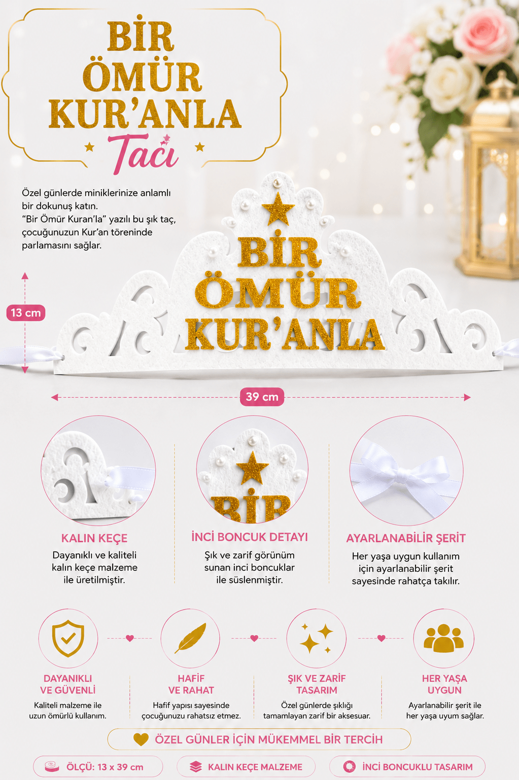 Kuran Tacı Keçe Bir Ömür Kuranla Kurana Geçme Tacı Beyaz - kuran tacı | Aydede Oyunevi