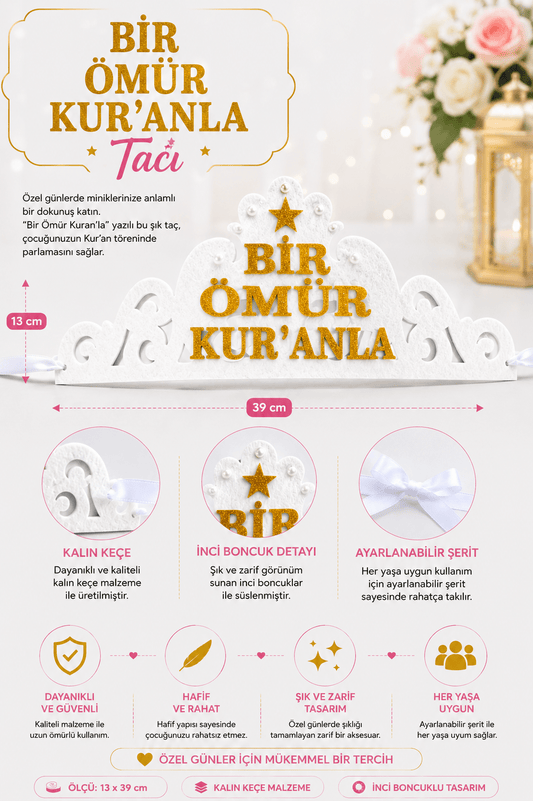 Kuran Tacı Keçe Bir Ömür Kuranla Kurana Geçme Tacı Beyaz - kuran tacı | Aydede Oyunevi