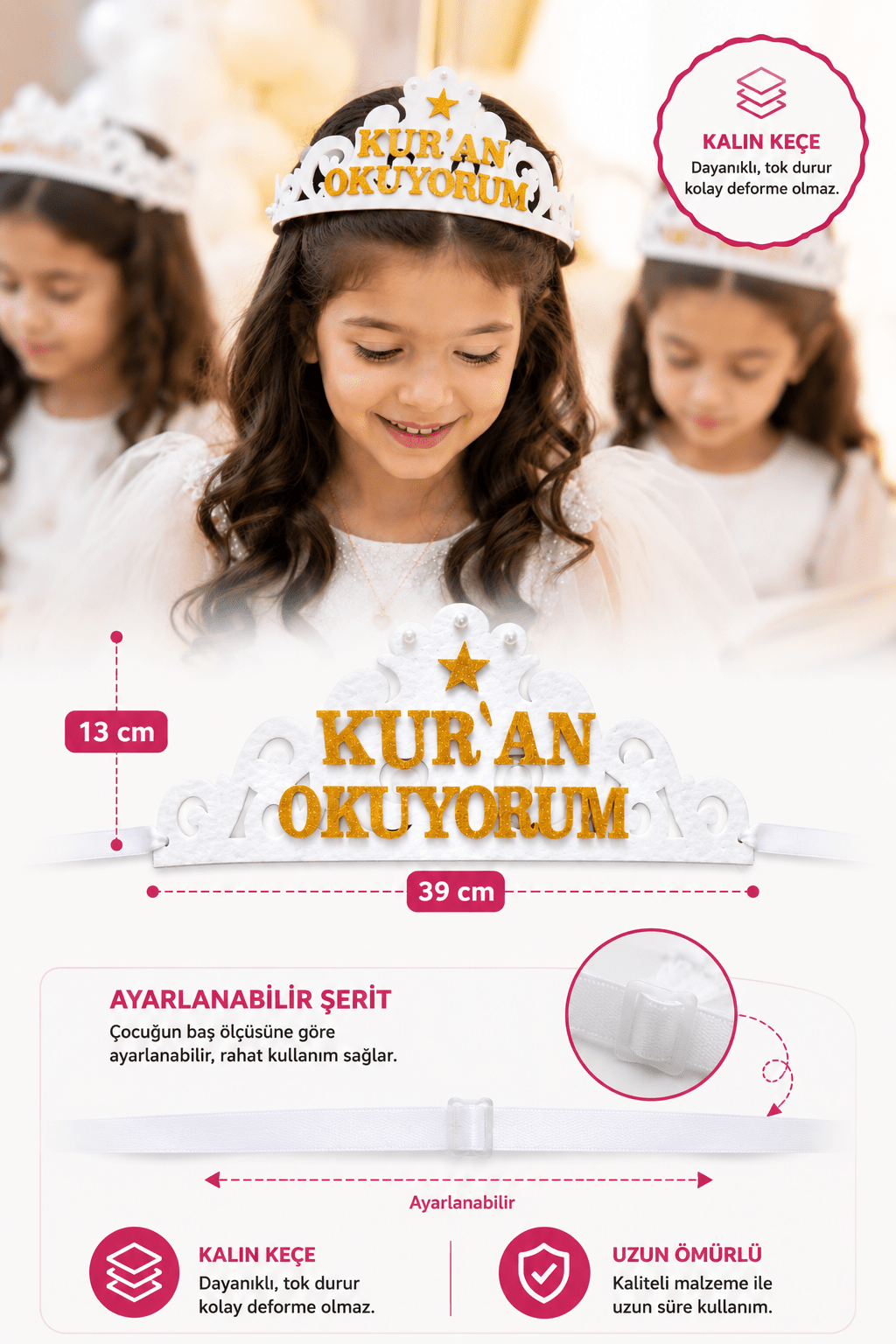 Kuran Tacı Keçe Kuran Okuyorum Kuran a Geçme Tacı Beyaz - kuran tacı | Aydede Oyunevi