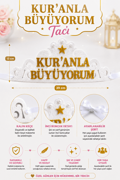 Kuran Tacı Keçe Kuranla Büyüyorum Kurana Geçme Tacı Beyaz - kuran tacı | Aydede Oyunevi