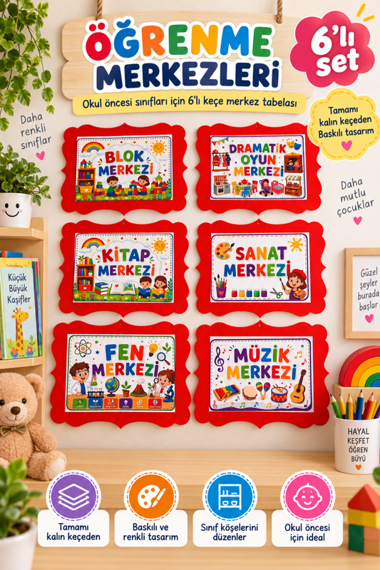 Okul Öncesi 6’lı Öğrenme Merkezleri Keçe Sınıf Tabelası Seti – Anaokulu Blok Kitap Sanat Fen Müzik Dramatik Oyun - Sınıf Ödül Panosu | Aydede Oyunevi