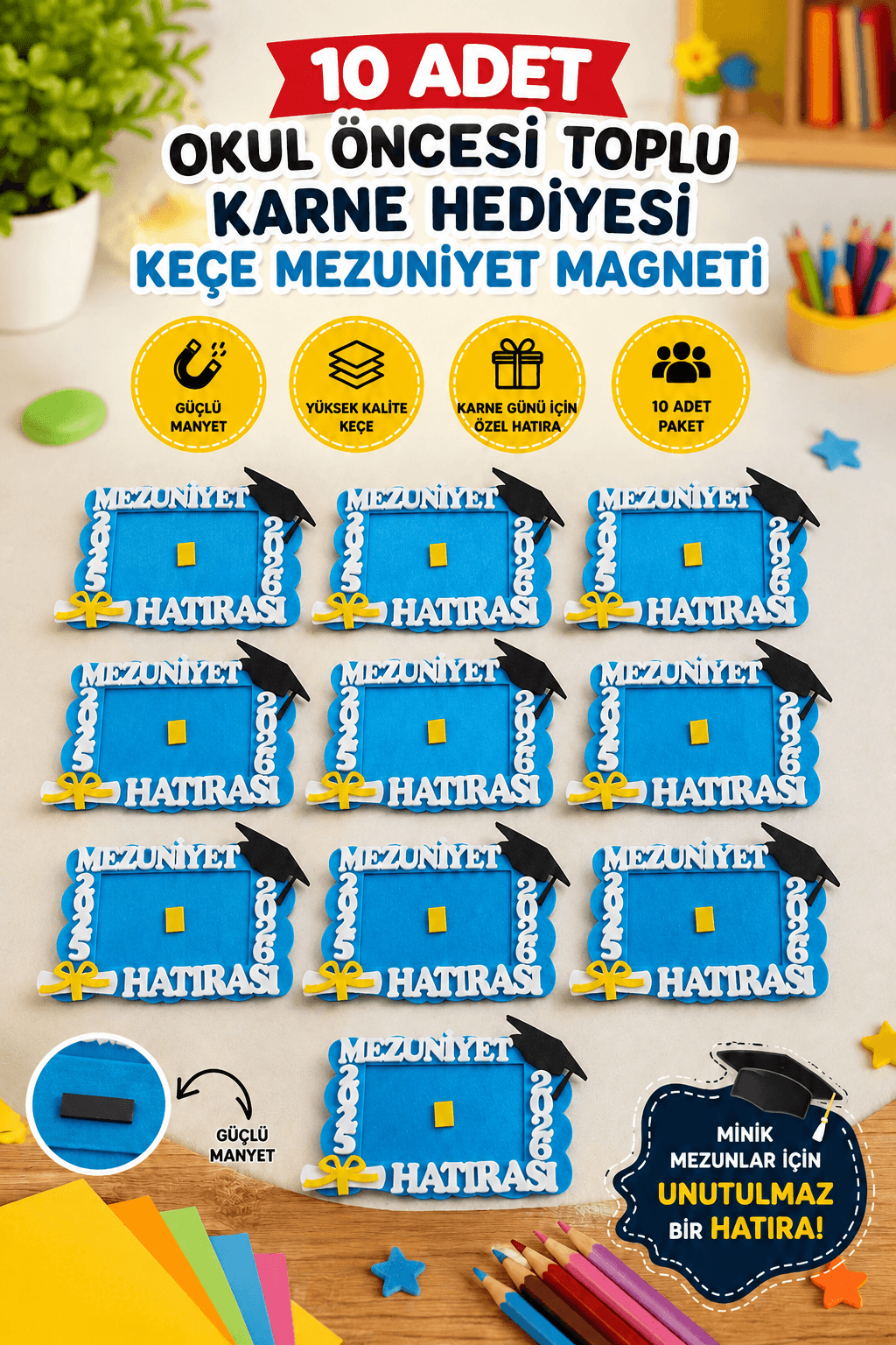 okul öncesi karne hediyeleri mezuniyet hediyesi keçe mavi