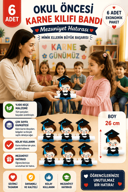 Okul Öncesi Karne Kılıfı Bandı Erkek – 6 Adet Keçe Gelişim Raporu