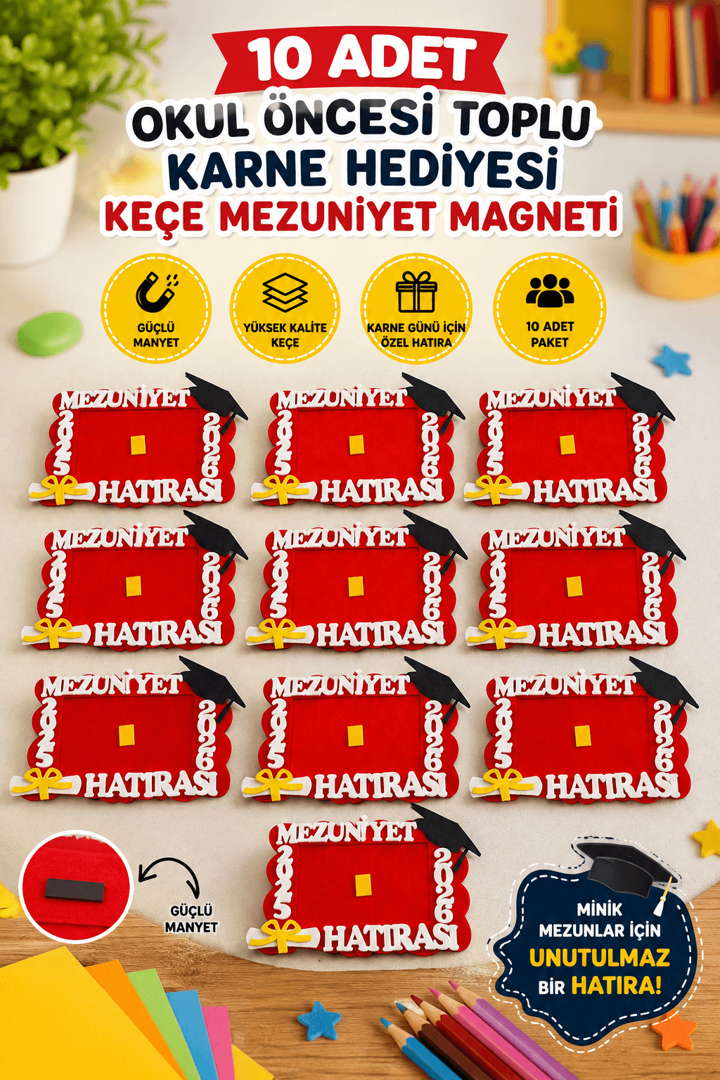 okul öncesi karne hediyeleri mezuniyet hediyesi keçe kırmızı