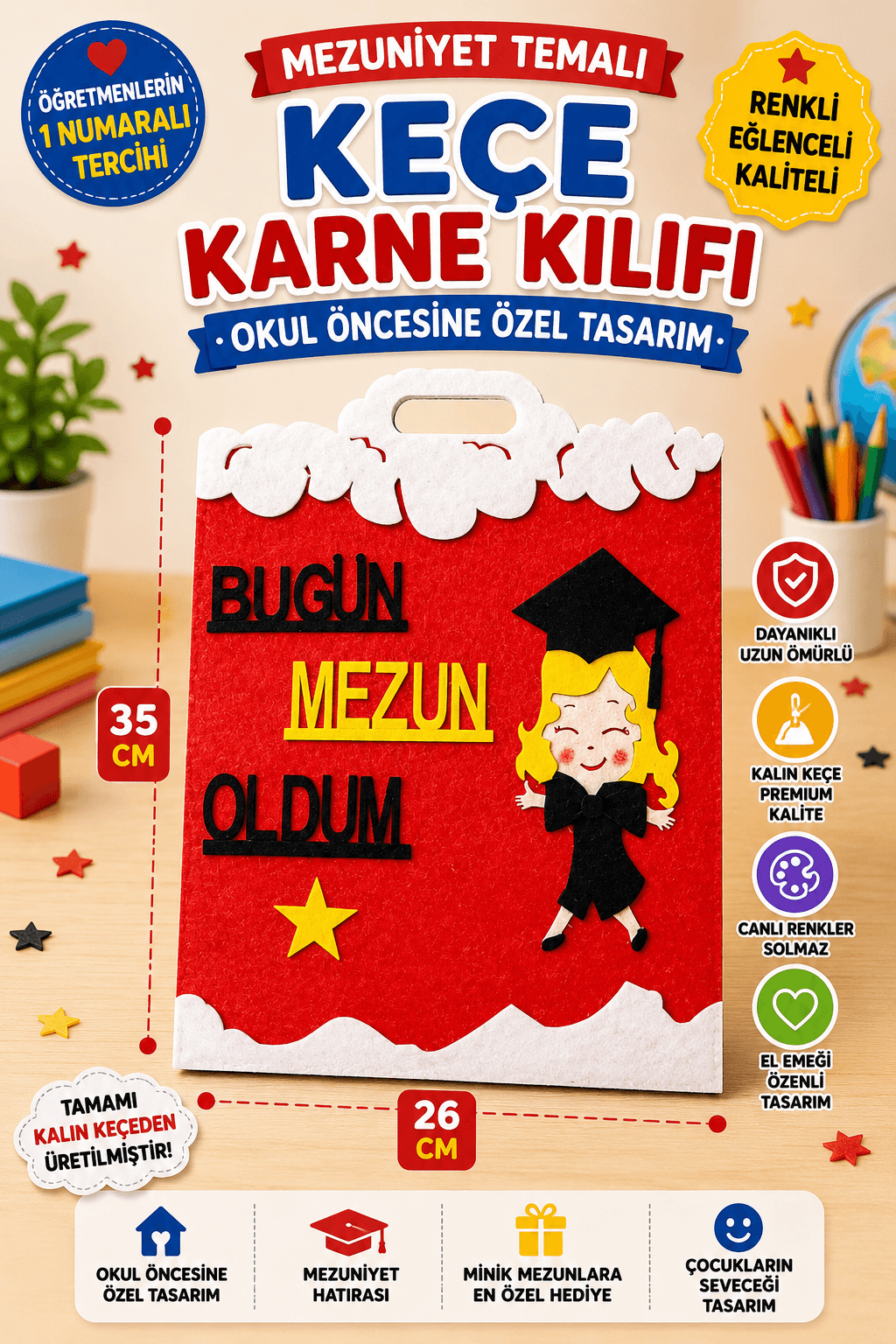 Okul Öncesi Keçe Karne Kılıfı Mezuniyet Temalı Gelişim Raporu Kırmızı