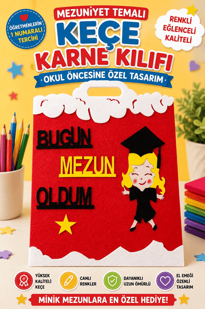 Okul Öncesi Keçe Karne Kılıfı Mezuniyet Temalı Gelişim Raporu Kırmızı
