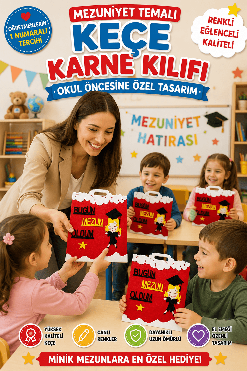 Okul Öncesi Keçe Karne Kılıfı Mezuniyet Temalı Gelişim Raporu Kırmızı