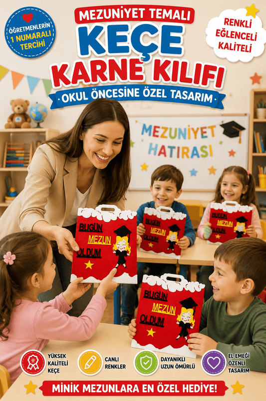Okul Öncesi Keçe Karne Kılıfı Mezuniyet Temalı Gelişim Raporu Kırmızı