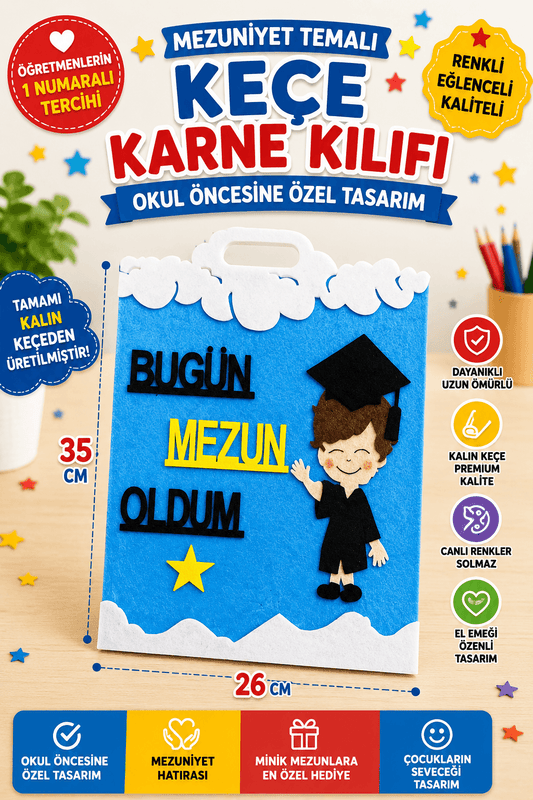 Okul Öncesi Keçe Karne Kılıfı Mezuniyet Temalı Gelişim Raporu Mavi
