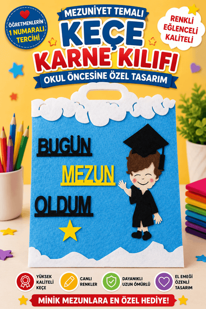 Okul Öncesi Keçe Karne Kılıfı Mezuniyet Temalı Gelişim Raporu Mavi