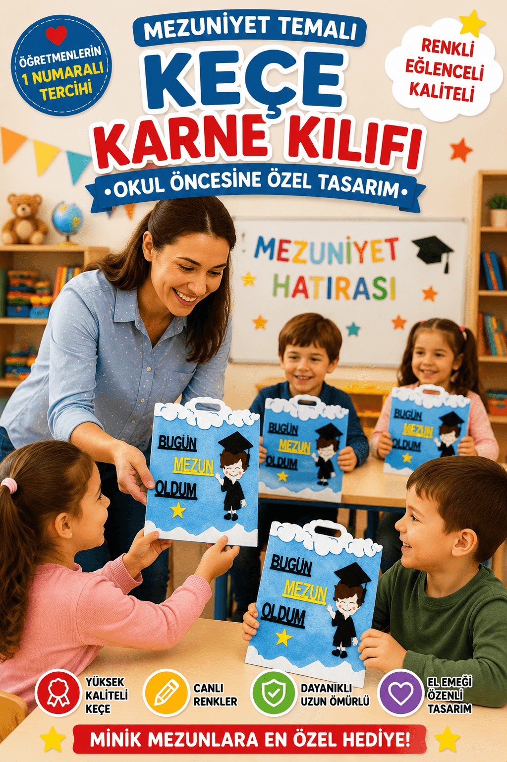 Okul Öncesi Keçe Karne Kılıfı Mezuniyet Temalı Gelişim Raporu Mavi
