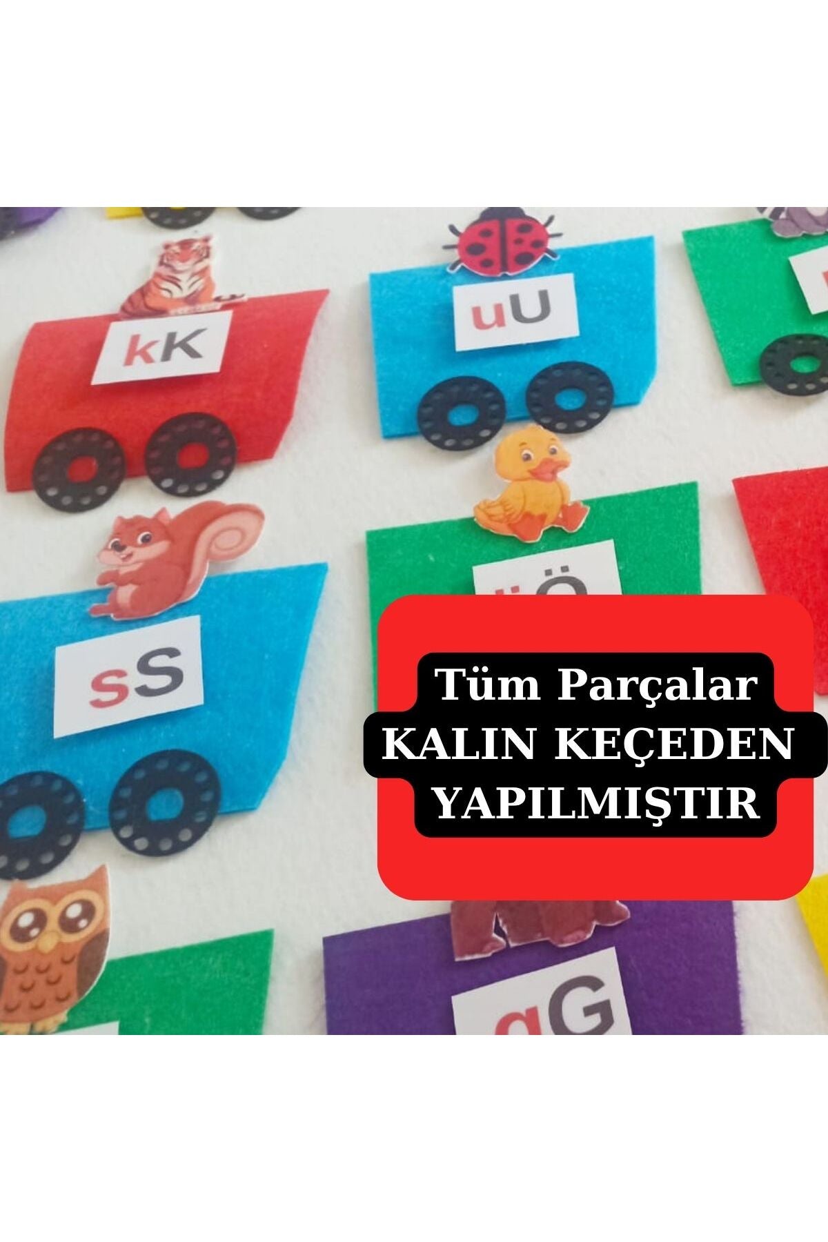 1. Sınıf İlk Okuma Yazma Cırt Cırtlı Keçe Harf Panosu – Hayvanlı Tren Seti (34 Parça)